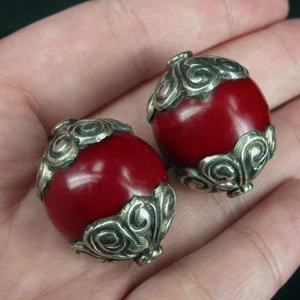 Two Tibetan Red Amber Beads, Nepalese Hand Made 28 x 20mm (1.1 x 0.8 inch) - Picture 1 of 4