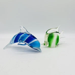 Art Glass Striped Blue Dolphin & Green Angel Fish Murano Style Lot of 2 - Picture 1 of 9