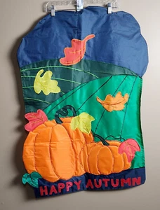 Vintage 1990er Happy Autumn Leaves & Pumpkins bestickt Flagge Banner 38 x 25 - Bild 1 von 8
