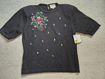 Susan Bristol Vintage 90s 1992 Black Floral Cottage Grandma Sweater NWT Large L - Image 1 of 4