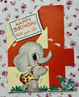 Vintage Mid Century Die-Cut 4th Birthday Cute Flocked Elephant Greeting Card