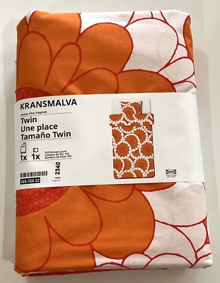 New IKEA KRANSMALVA Twin Duvet Cover with Pillowcase, Orange White Floral - Image 1 of 4