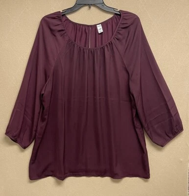 Womens Old Navy Tops Size XL Tall Maroon Satin Fabric 3/4 Balloon Sleeve Blouse - Image 1 of 4