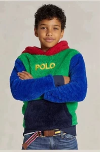 Polo Ralph Lauren Logo Teddy Fleece Hoodie Size (8) Bold Color Blocking NWT - Picture 1 of 8