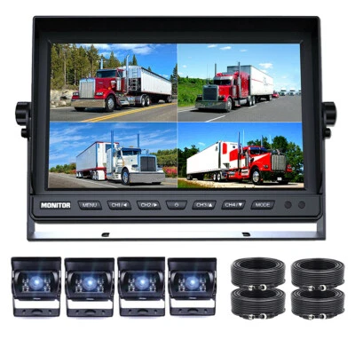 10.1" Quad Split Monitor Screen 4PIN 4X CCD Rear View Backup Camera for Truck RV - Image 1 of 4
