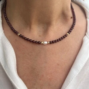 Garnet & Pearl Smooth Round 2 Gemstone Bead 24" Beautiful Necklace For Men Woman - Picture 1 of 7