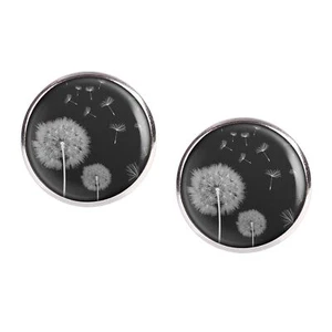 Mylery Stud Earrings Pair with Dandelion Motif Dandelion Dog Flower Black White Si - Picture 1 of 6