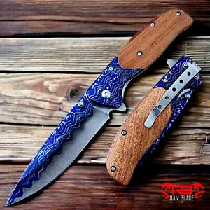 8" TACTICAL BROWN WOOD HANDLE SPRING ASSISTED FOLDING POCKET KNIFE Blade Open - Picture 1 of 4