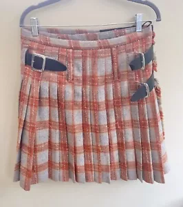Handmade Orange Grey Checked Kilt Size 12 14 100% Wool Leather Buckles - Picture 1 of 8