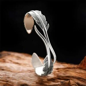 Retro 925 Sterling Silber Feder Manschette Armreif Vintage Armband Blatt Damen Geschenk:) - Bild 1 von 9