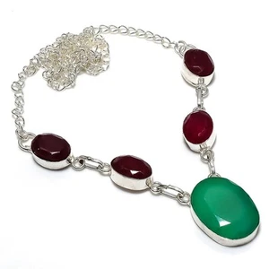 Emerald(Simulated), Ruby Gemstone 925 Sterling Silver Jewelry Necklace 18" - Picture 1 of 1
