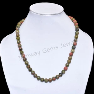 AA Natural Unakite Beaded Necklace, Smooth Round Ball Beads, Green Gemstone - Picture 1 of 3