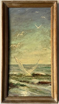 TESS RAZALLE ANTIGUO OCÉANO PAISAJE MARINO PÁJARO PAISAJE PINTURA AL ÓLEO ANTIGUA VINTAGE 1950 Foto 1 de 4