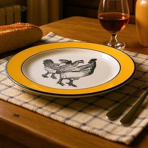 Plato Primitivo Artesano Diseño Pollo Amarillo y Blanco Borde Amarillo 8" - Imagen 1 de 8