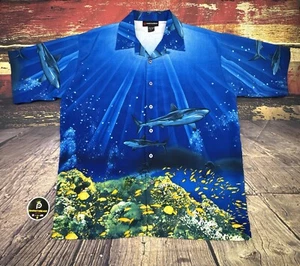 Northpeak Hawaiian Shirt Mens Large Shark Coral Reef AOP Boat Scuba Diver Korea - Picture 1 of 9
