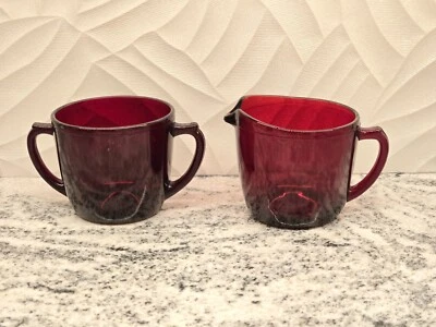 Royal Ruby Glass Creamer & Sugar Bowl Vintage Anchor Hocking  - Image 1 of 4