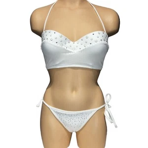 VICTORIA'S SECRET PINK Swim Push Up Bling Top String Bikini 2 Piece White Studs - Picture 1 of 9