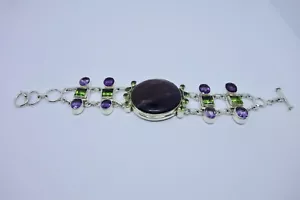 Large Jasper Peridot and Amethyst Sterling Silver Toggle Bracelet 64.28 grams - Picture 1 of 6