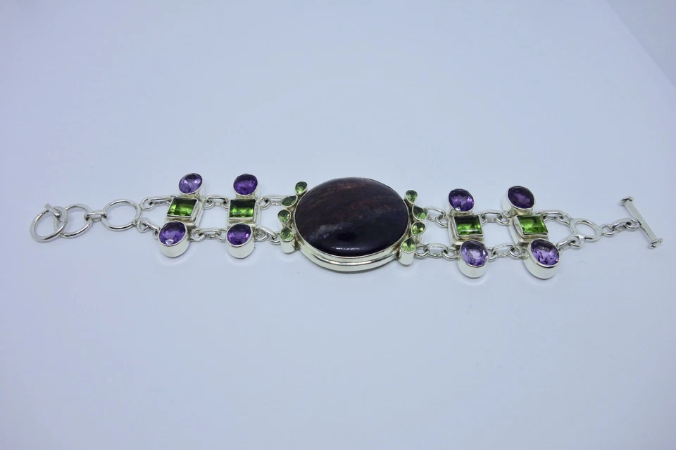 Large Jasper Peridot and Amethyst Sterling Silver Toggle Bracelet 64.28 grams - Image 1 of 4