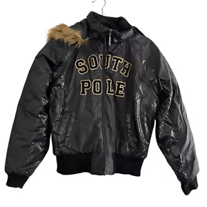 vintage Y2k South Pole Black Puffer Jacket With Faux Fur Hood Size L - Picture 1 of 4