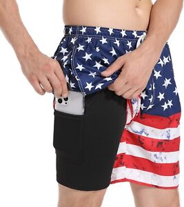 Mens Swimming Trunks with Compression Liner Pockets American Flag Swim Shorts Be