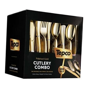 300 Gold Disposable Plastic Flatware Set - 100 Forks, 100 Spoons, 100 Knives - - Picture 1 of 7