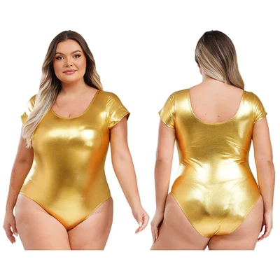 Women's Shiny Metallic Bodysuit Plus Size Scoop Neck Glossy PU Leather Leotards - Image 1 of 4