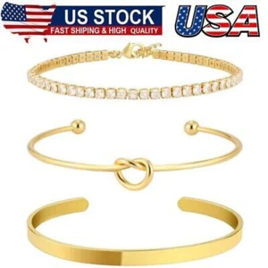 Gold Bangle Cuff Knot Bracelet for Women Stack NonTarnish 14k Gold Plated Dainty - Picture 1 of 8