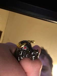 Men's Mens Black Rhodium Bull Gold Horn With Black CZ Red Ruby Eyes Ring Size 12 - Picture 1 of 1