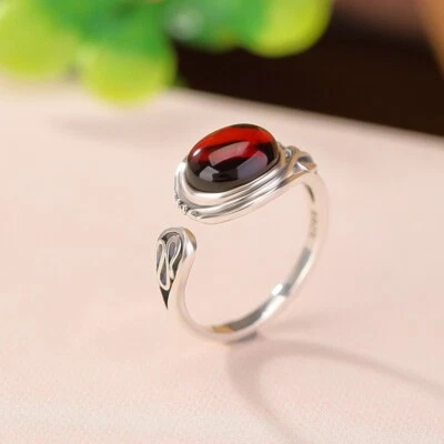 F02 Anello Foglia Ovale Rotondi Ambra Blutbernstein Argento 925 Regolabile - Immagine 1 di 4