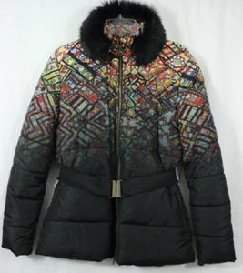 Desigual Colorful Belted Parka Quilted Winter Coat Size 42 US 8 Faux Fur Collar - Picture 1 of 8