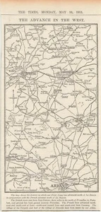 1915 Periódico de la Primera Guerra Mundial mapa del primer ejército británico y los avances franceses en Francia - Imagen 1 de 1