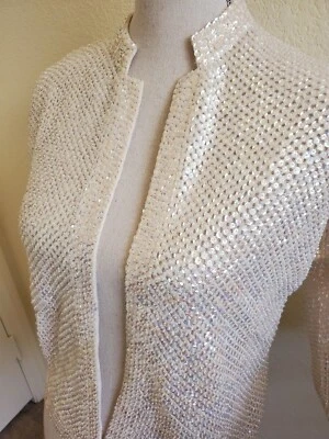 Cárdigan blanco roto lentejuelas transparentes vintage real 100 % lana International LTD Foto 1 de 4