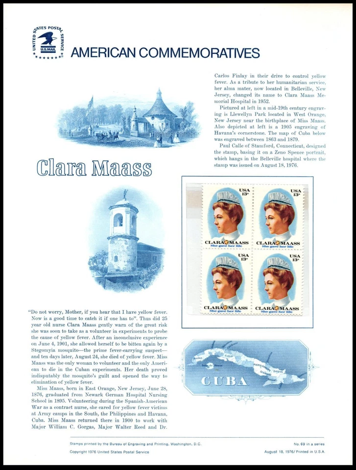 1976 Clara Maass, nurse, yellow fever CP69 commemorative panel 69 MNH Sc 1699 - Image 1 of 1