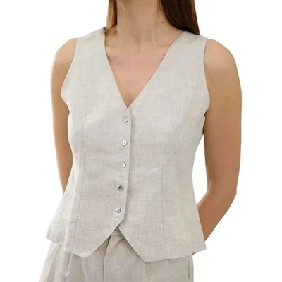 Amazhiyu Linen Vest Womens XL Lagenlook Minimalist Beach Office Boho Natural - Image 1 of 4