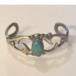 Vintage Navajo Sterling Silver Turquoise Cuff Bracelet Signe FB - Picture 1 of 14