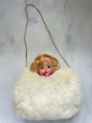 复古 Childs Muff,暖手器,白色毛皮,娃娃头,1950 年代金发棕色眼睛 — 第 1/4 张图片