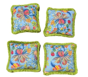 Decorative Blue Floral Boho Throw Pillow Set 4 Piece Green Fringe No Zipper - Picture 1 of 6