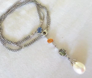 18K White Gold Multi Strand Pearl Rainbow Sapphire Diamond Necklace - 16.1 gms - Picture 1 of 18