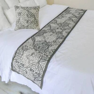 Designer Gray Embroidered Twin Bed Runner, Moroccan, Pearl, Geometric - Meryem - Picture 1 of 5