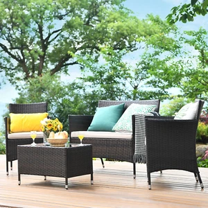 4 PCS Patio Rattan Outdoor Furniture Set W/ Cushioned Chair Loveseat Table (Tan) - Picture 1 of 11