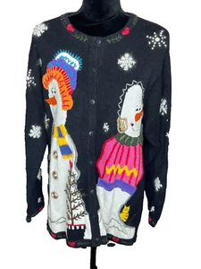 Vintage The Quacker Factory Snowman Christmas Cardigan sweater Size M Hong Kong - Picture 1 of 10