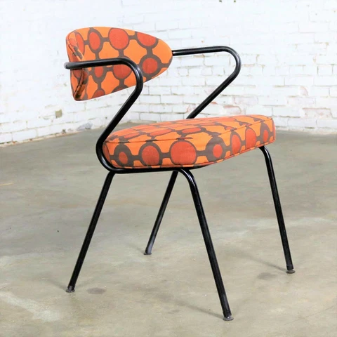 Mid Century Modern Black Bent Steel Tube Armchair with New Orange Upholstery Cover