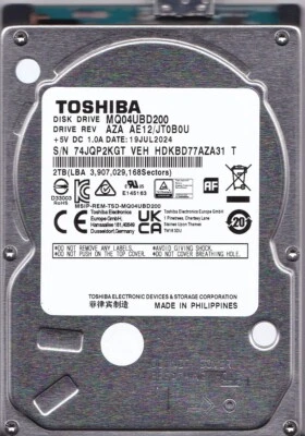 MQ04UBD200 rev: AZA AE12/JT0B0U HDKBD77AZA31 T JUL/2024 2TB USB 3.0 2.5 TOSHIBA Foto 1 de 4