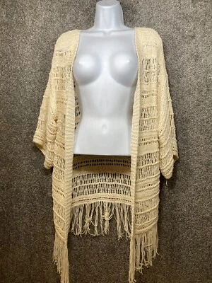 American Eagle Crochet Cardigan Small Ivory Open Front Fringe Boho - Image 1 of 4