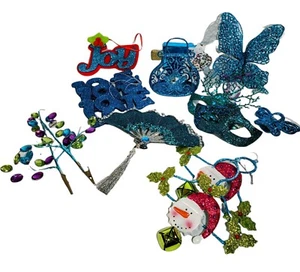 Blue Turquoise Glitter and Jeweled Assorted Christmas Tree Ornaments Set of 15 - Picture 1 of 10