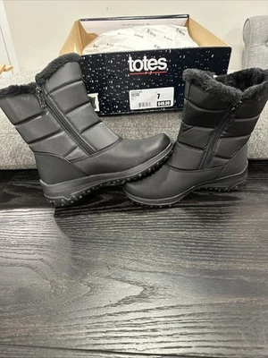 Totes MIA Winter Snow Boots Womens 7M Black Side Zip Faux Fur Lining New In Box - Image 1 of 4