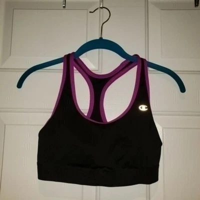 Women's sz M Black & Purple Champion Sports Bra Racerback Removable Padding - Image 1 of 3