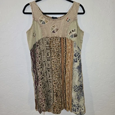 Sacred Threads Embroidered Brown Patchwork Butterfly Dress M/L Boho Denim - Image 1 of 4
