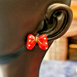 Vintage 80's Red Enamel Bow Piercing Earrings - Picture 1 of 5